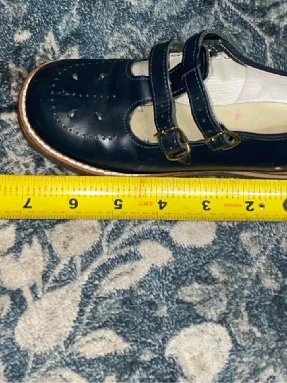 Vintage Amilio Navy Blue Leather Dbl T-Strap Mary Jane Shoes Girls Size 12 USA